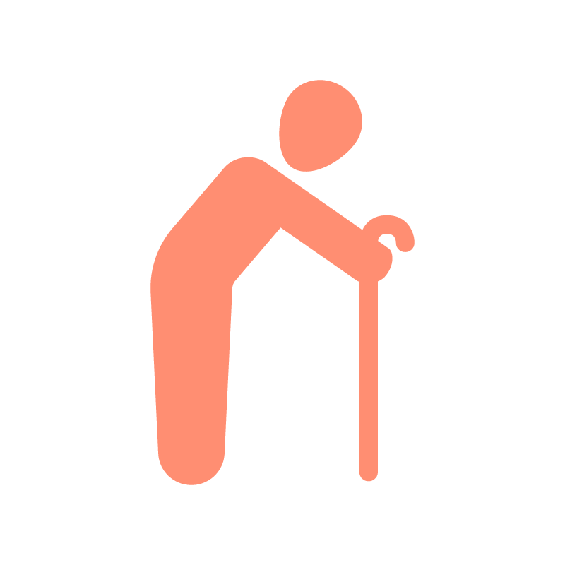 Icon einer älteren Person mit Gehstock auf gelbem Grund als Zeichen für Altersvorsorge, einem der Jobvorteile der Ostseeklinik Grömitz.
