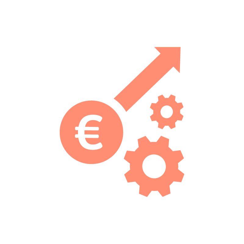 Icon einer Euromünze, von der ein Pfeil steil nach oben zeigt, daneben zwei ineinandergreifende Zahnräder – als Zeichen für vermögenswirksame Leistungen, einem der Jobvorteile der Ostseeklinik Grömitz.