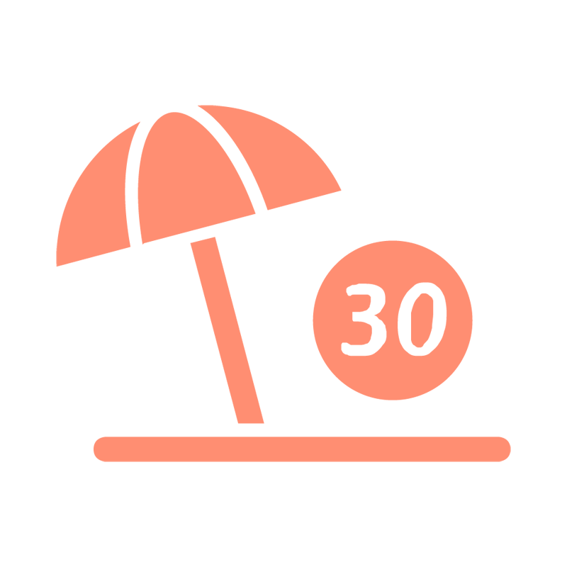 Piktogramm eines orangefarbenen Sonnenschirms und eines Kreises mit der Zahl 30 für die Urlaubstage, einem der Jobvorteile der Ostseeklinik Grömitz.