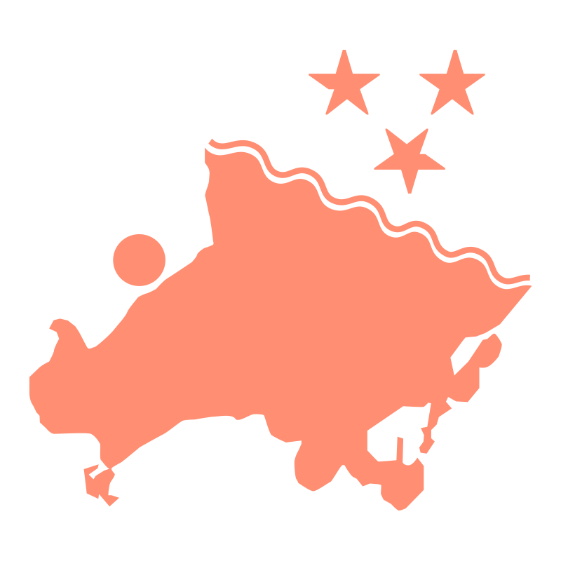 Grafik zur Lebens- und Arbeitsqualität: Stilisierte Karte der Lübecker Bucht mit der Lage von Grömitz, markiert durch einen Punkt und drei Sterne als Symbol für erstklassige Bedingungen.