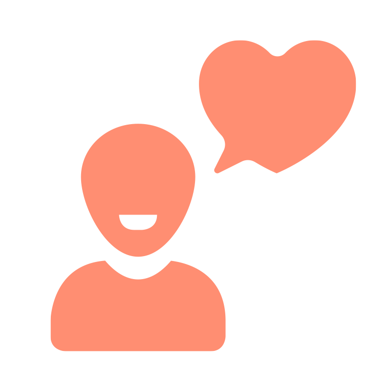 Icon einer lächelnden Person mit Sprechblase in Herzform als Zeichen für eine erfüllende Tätigkeit, einem der Jobvorteile der Ostseeklinik Grömitz.