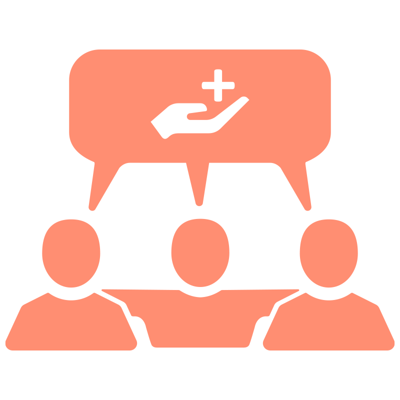 Grafik zur interdisziplinären Zusammenarbeit: Drei stilisierte Personen unter einer gemeinsamen Sprechblase mit einem Hand- und Plus-Symbol.