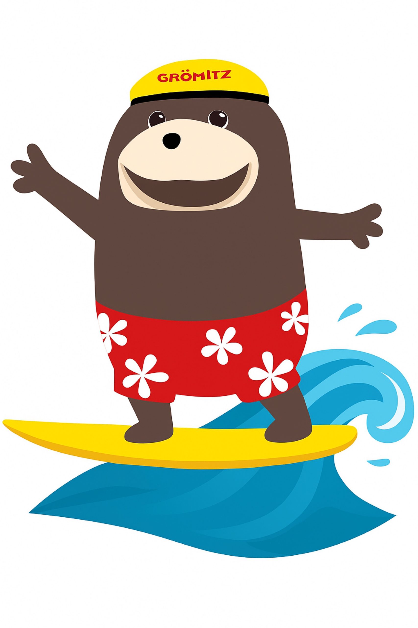 Illustriertes Maskottchen „Grömel“ der Ostseeklinik Grömitz: Ein lächelnder brauner Seebär mit gelber Kappe (Aufschrift „Grömitz“) und roter, geblümter Badeshorts, der auf einem gelben Surfboard eine blaue Welle reitet.