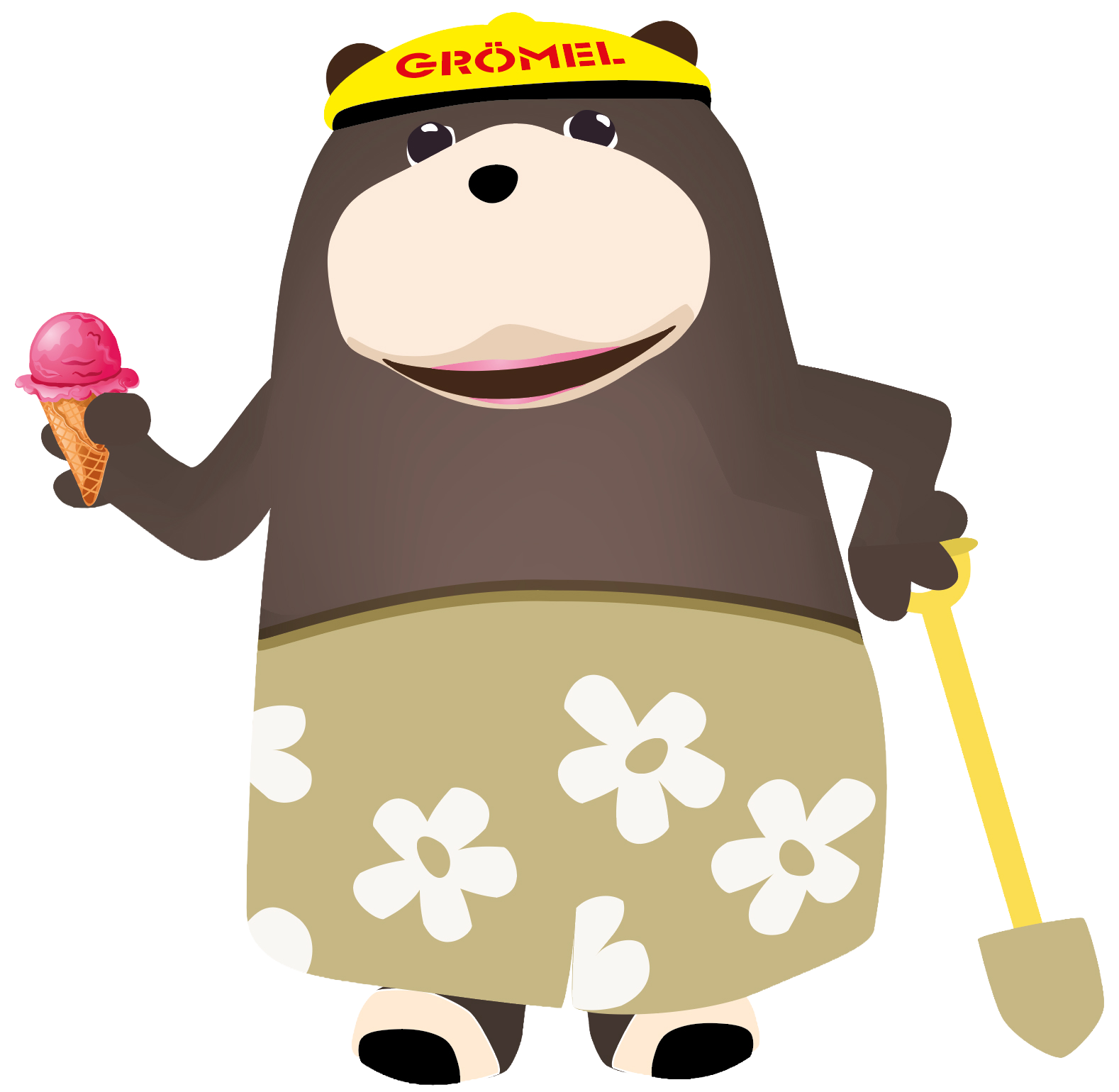 Illustriertes Maskottchen der Ostseeklinik Grömitz für Mutter-Kind-Kuren und Vater-Kind-Kuren: Ein freundlicher, dunkelbrauner Bär mit gelber Kappe, Eistüte in der rechten Hand, gelbe Schaufel in der linken Hand hält in Badeshorts mit weißem Blumenmustern.